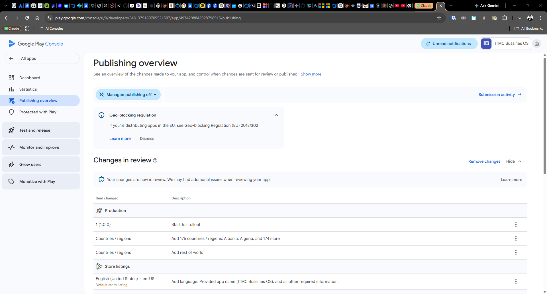 Play Console Publishing overview, changes in review